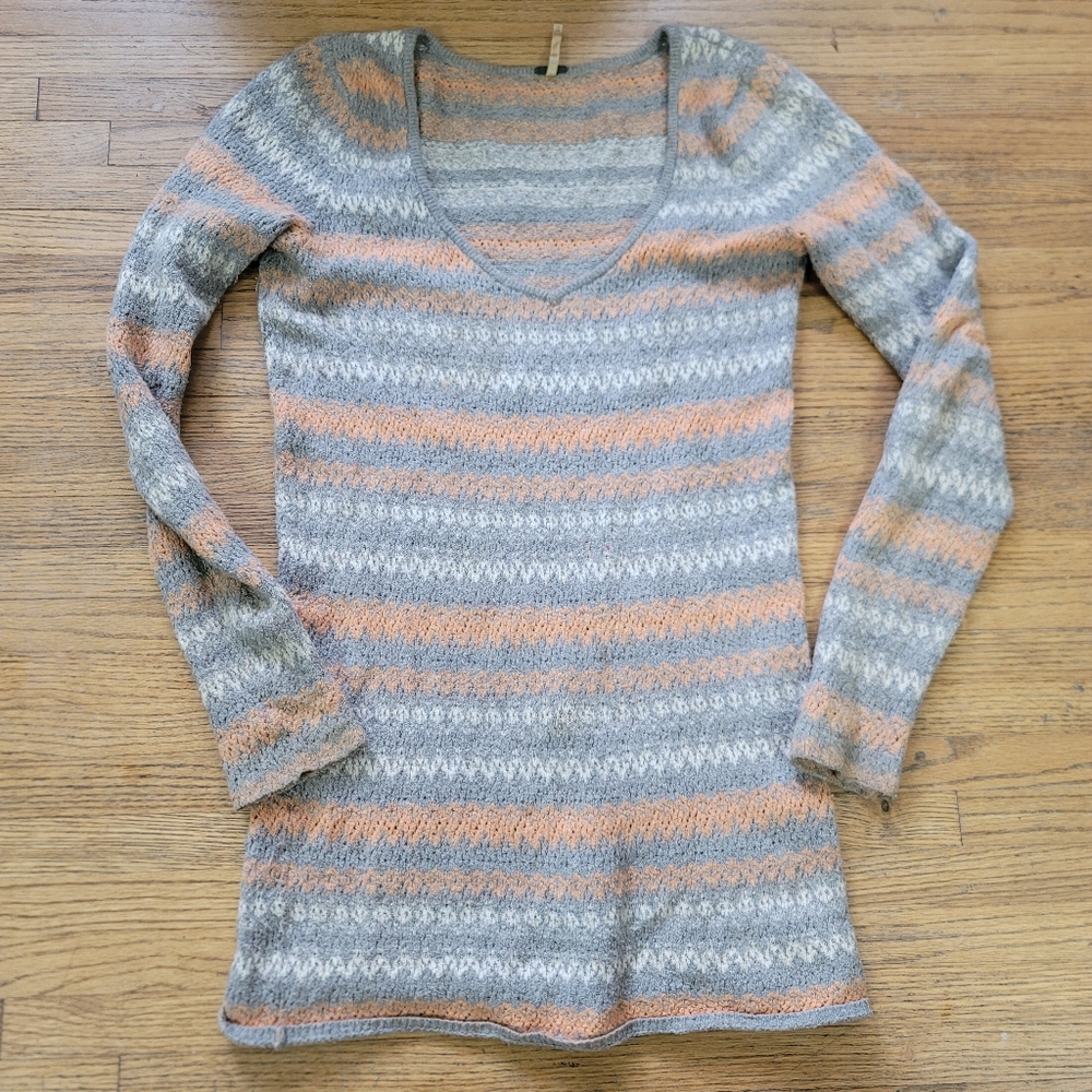 Free People Striped Gray & Orange Tunic Ski Sweater